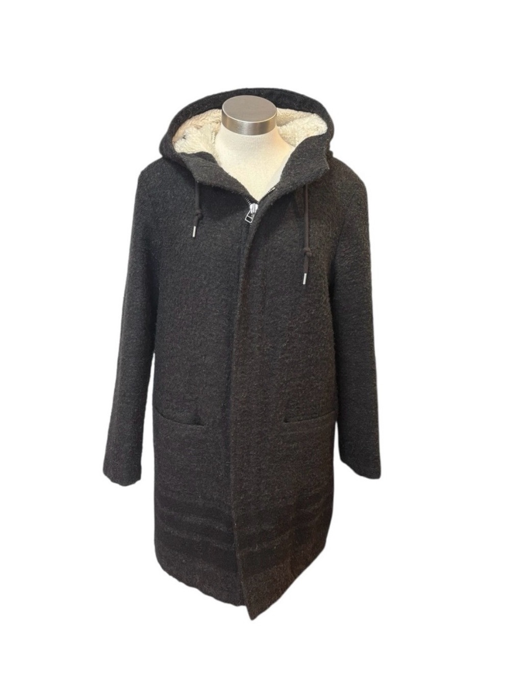 TNA Women's Charcoal Hooded Pea Coat Grey Wool Sherpa Lining Sz. M - Picture 2 of 9